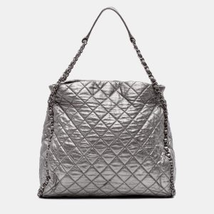 Chanel Silver Large Quilted Metallic Calfskin Chain Me Hobo, Tote Handbags - Luxury Closet catalog