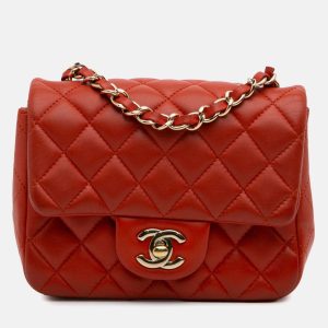 Chanel Orange Mini Square Classic Lambskin Single Flap, Shoulder Bags - Luxury Closet catalog