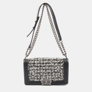 Chanel Black/White Leather Fabric Boy Chanel Chain Shoulder Bag, Shoulder Bags - Luxury Closet catalog