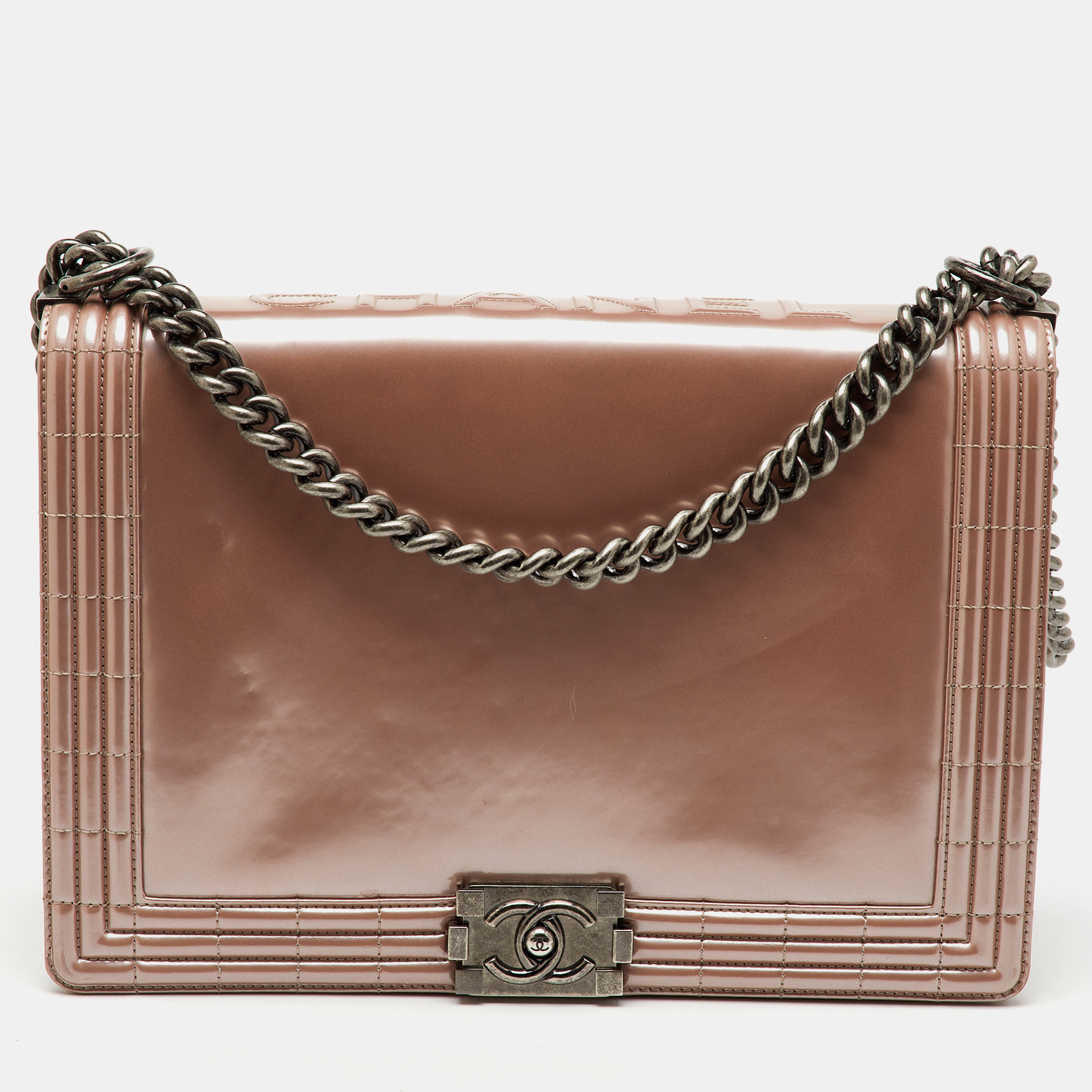 Chanel Beige Patent Leather Large Reverso Boy Flap Bag, Shoulder Bags - Luxury Closet catalog