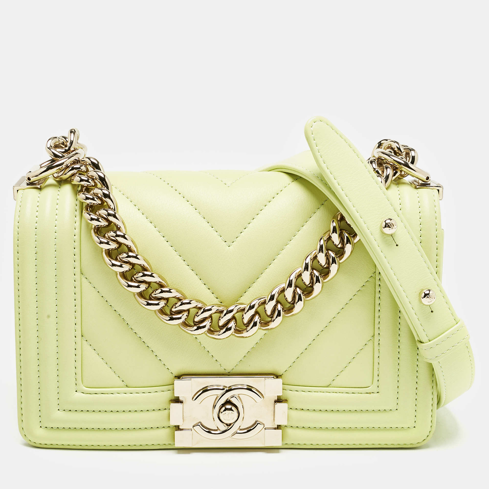 Chanel Yellow Green Chevron Leather Small Boy Flap Bag, Shoulder Bags - Luxury Closet catalog