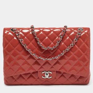 Chanel Coral Red Quilted Patent Leather Maxi Classic Double Flap Bag, Shoulder Bags - Luxury Closet catalog