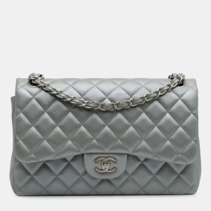 Chanel Silver Jumbo Classic Lambskin Double Flap, Shoulder Bags - Luxury Closet catalog