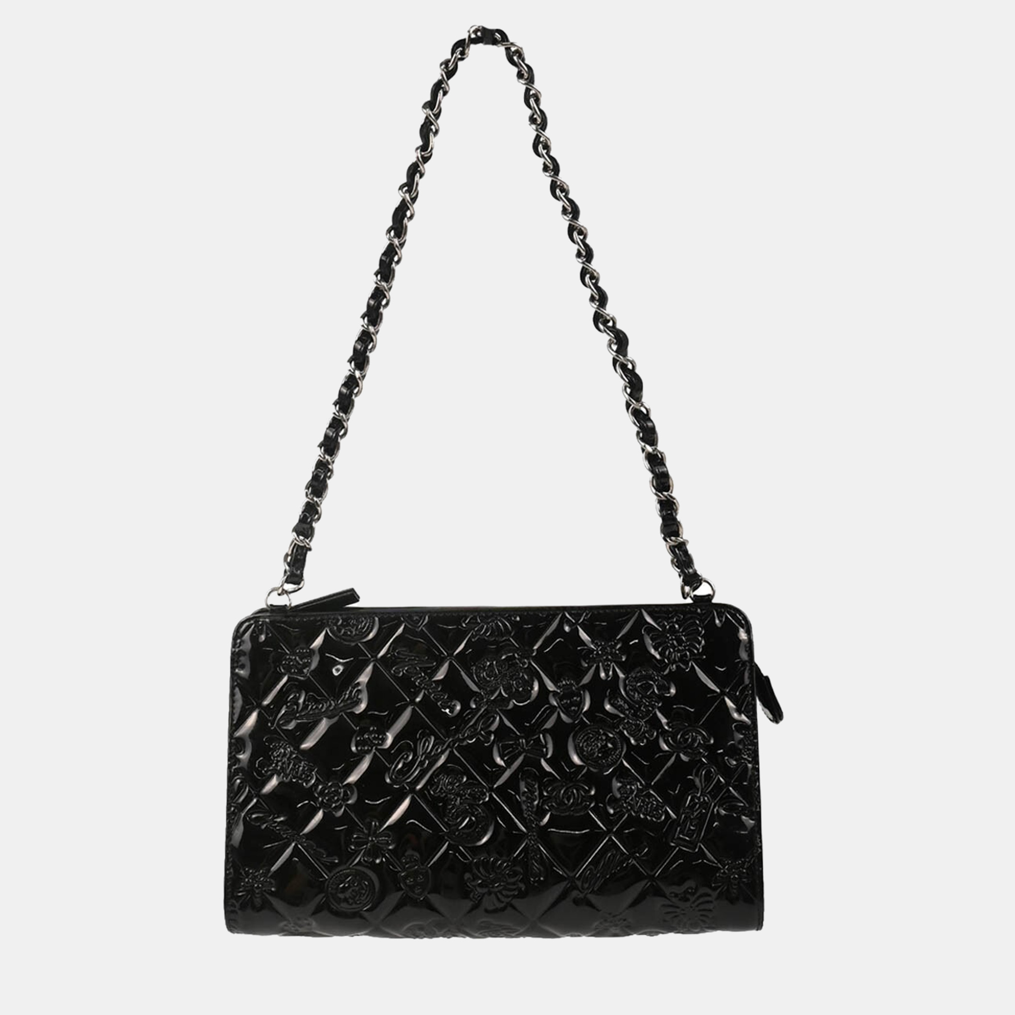 Chanel Black Patent Leather Icon Chain Handbag, Handbags - Luxury Closet catalog