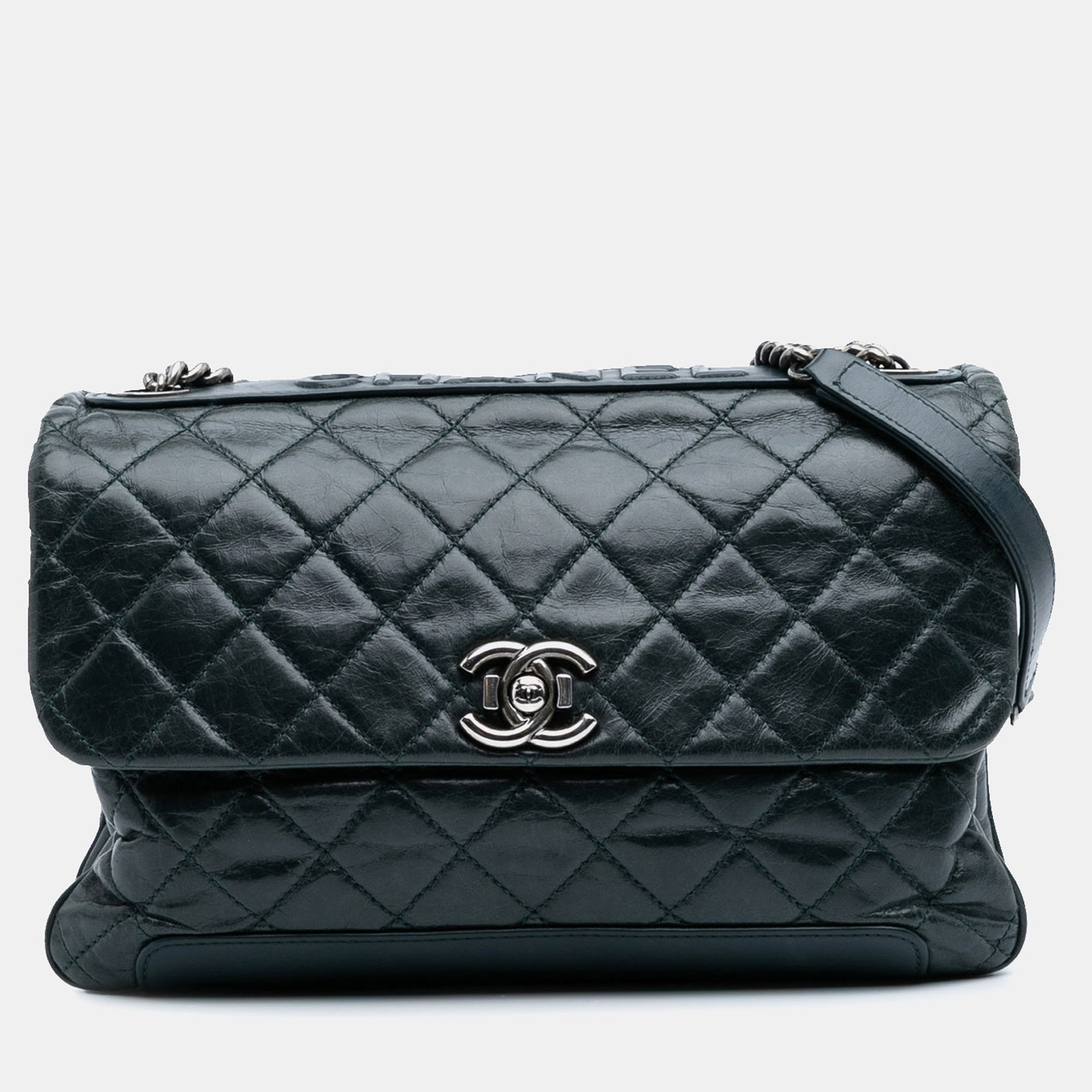 Chanel Green Quilted Aged Calfskin Logo Accordion Flap, Shoulder Bags - Luxury Closet catalog