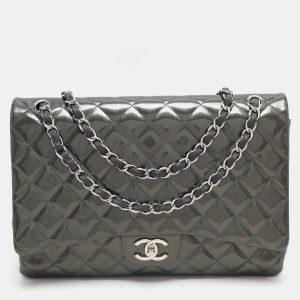 Chanel Grey Straited Quilted Patent Leather Maxi Classic Double Flap Bag, Shoulder Bags - Luxury Closet catalog