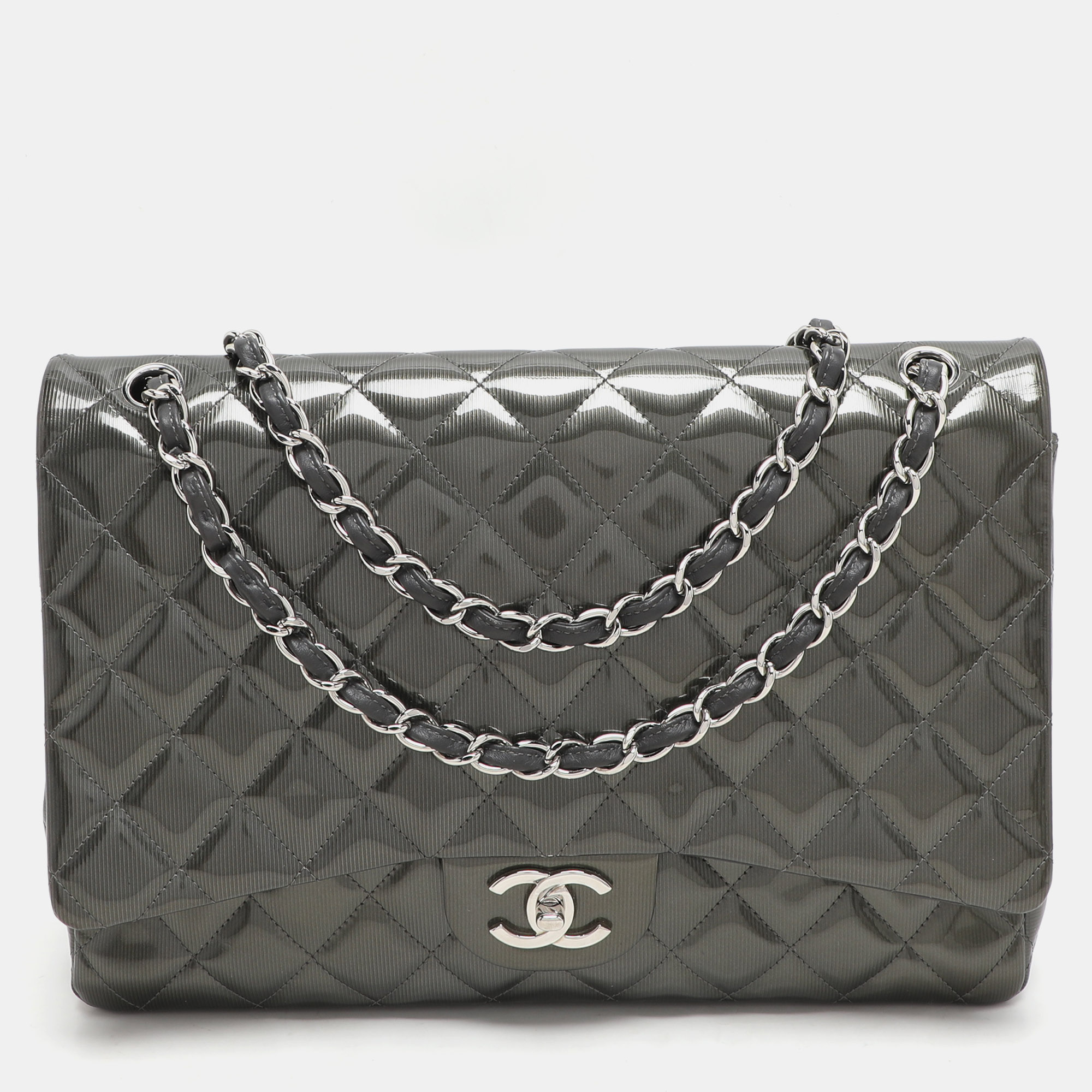 Chanel Grey Straited Quilted Patent Leather Maxi Classic Double Flap Bag, Shoulder Bags - Luxury Closet catalog