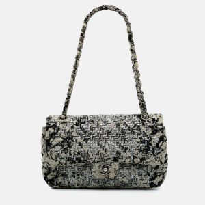 Chanel Black/White Medium Classic Wool Herringbone Double Flap, Shoulder Bags - Luxury Closet catalog