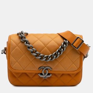Chanel Orange Small Quilted Iridescent Calfskin and Caviar Daily Carry Flap, Shoulder Bags - Luxury Closet catalog