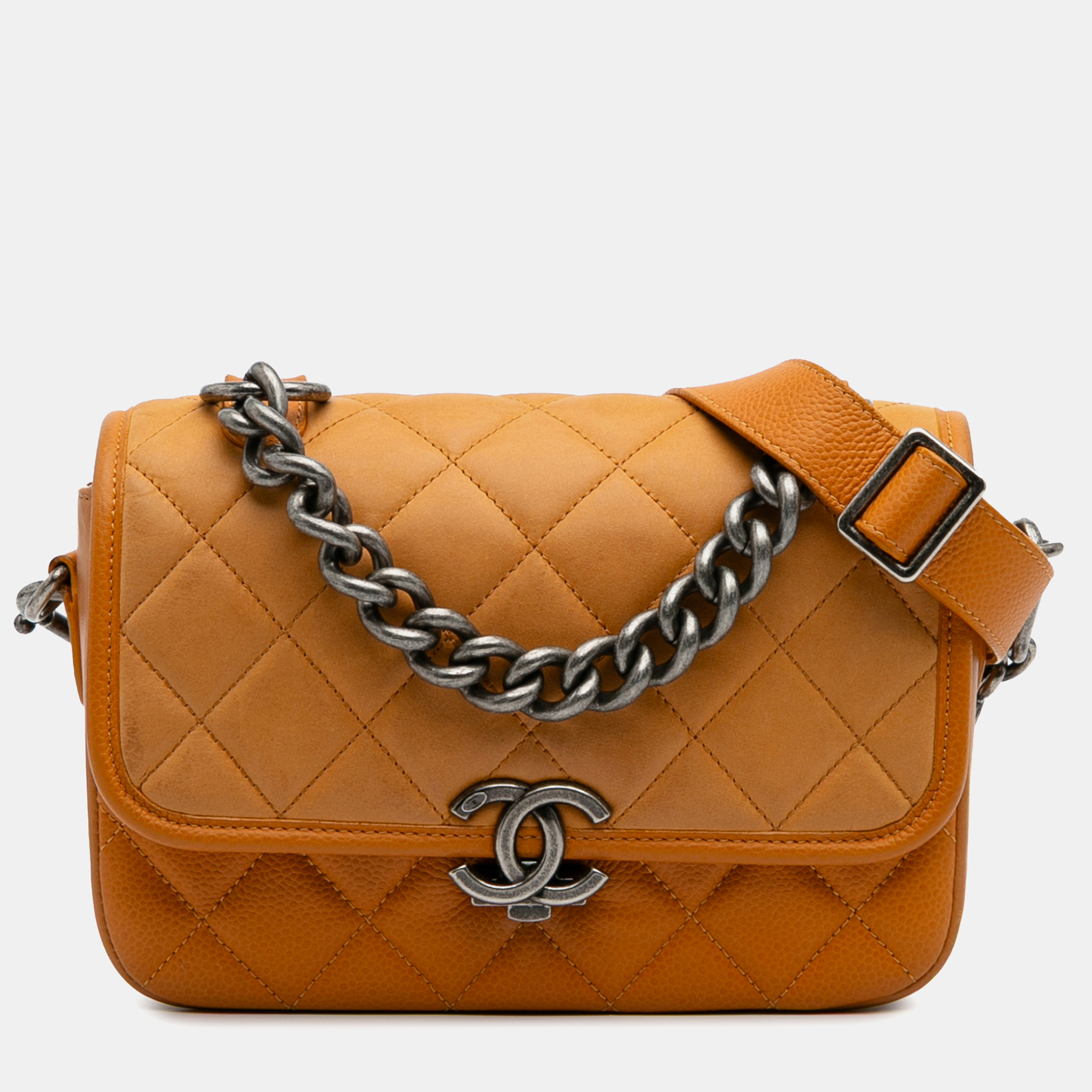 Chanel Orange Small Quilted Iridescent Calfskin and Caviar Daily Carry Flap, Shoulder Bags - Luxury Closet catalog