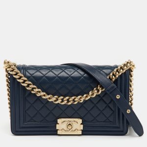 Chanel Navy Blue Quilted Leather Medium Boy Flap Bag, Shoulder Bags - Luxury Closet catalog