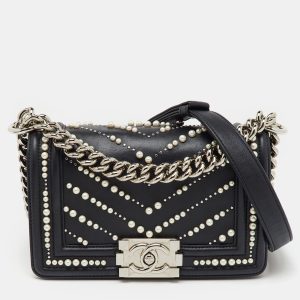 Chanel Black Leather Pearl Chevron Small Boy Flap Bag, Shoulder Bags - Luxury Closet catalog