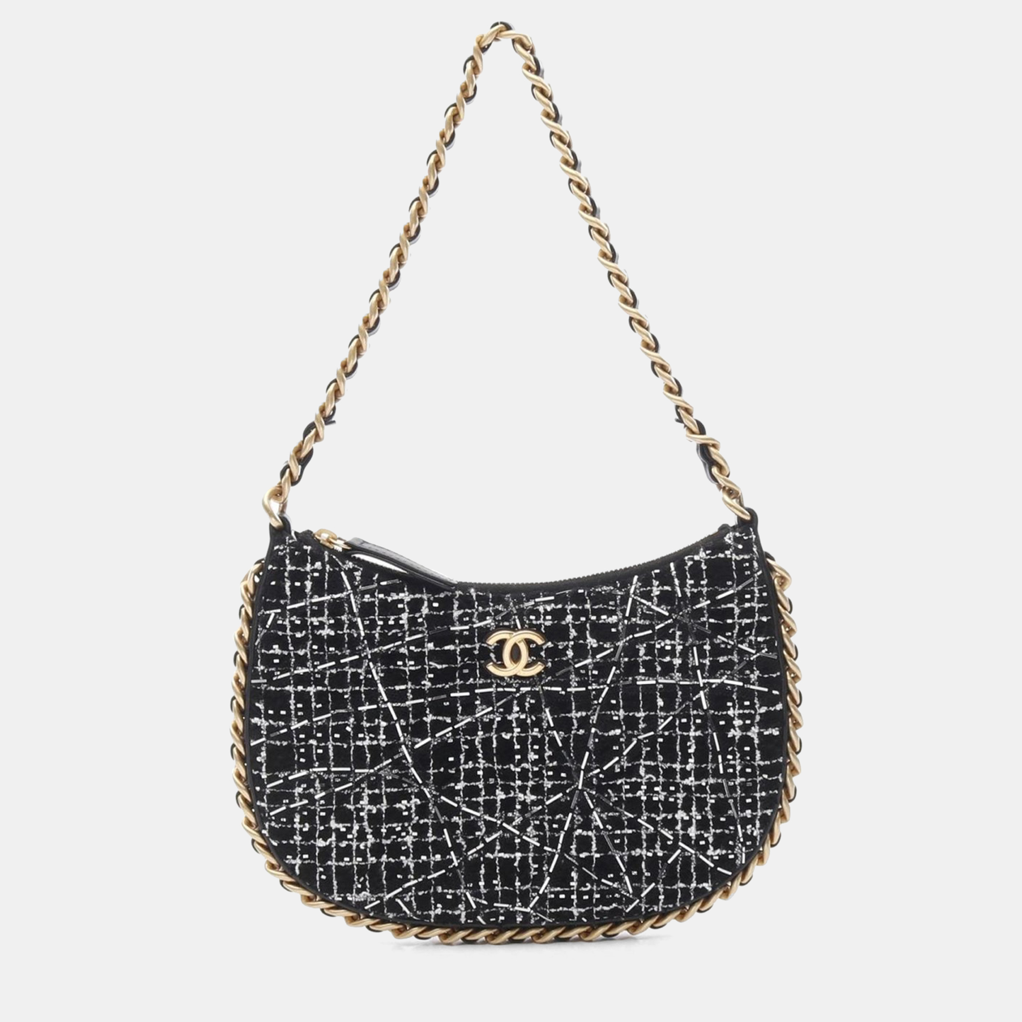 Chanel Trendy Chain Around Tweed Sequin Quilted Black White Hobo Bag, Handbags - Luxury Closet catalog