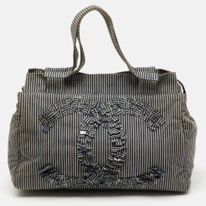 Chanel Navy Blue/White Stripe Print Canvas Striped CC Shopper Tote, Tote Handbags - Luxury Closet catalog