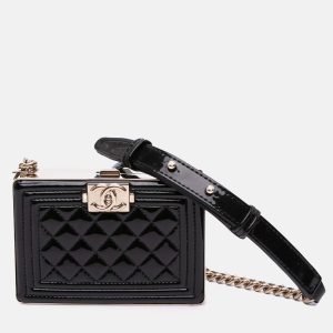 Chanel Black Quilted Patent Boy Box Minaudiere on Chain, Shoulder Bags - Luxury Closet catalog