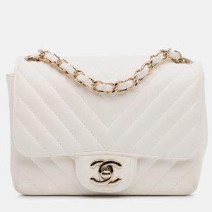 Chanel White Mini Square Classic Chevron Lambskin Single Flap, Shoulder Bags - Luxury Closet catalog