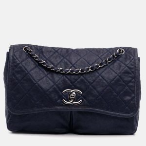 Chanel Navy Blue Large Quilted Calfskin Natural Beauty Split Pocket Flap, Shoulder Bags - Luxury Closet catalog