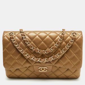 Chanel Gold Quilted Leather Jumbo Classic Double Flap Bag, Shoulder Bags - Luxury Closet catalog