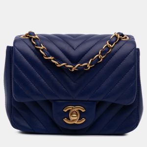 Chanel Blue Mini Square Classic Chevron Lambskin Single Flap, Shoulder Bags - Luxury Closet catalog