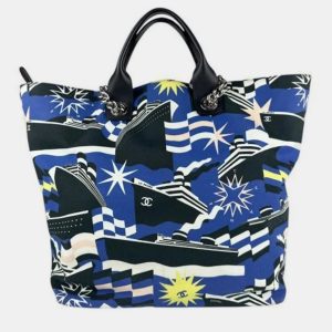 Chanel Cruise Collection Blue Black White Canvas Leather Shoulder Bag, Handbags - Luxury Closet catalog