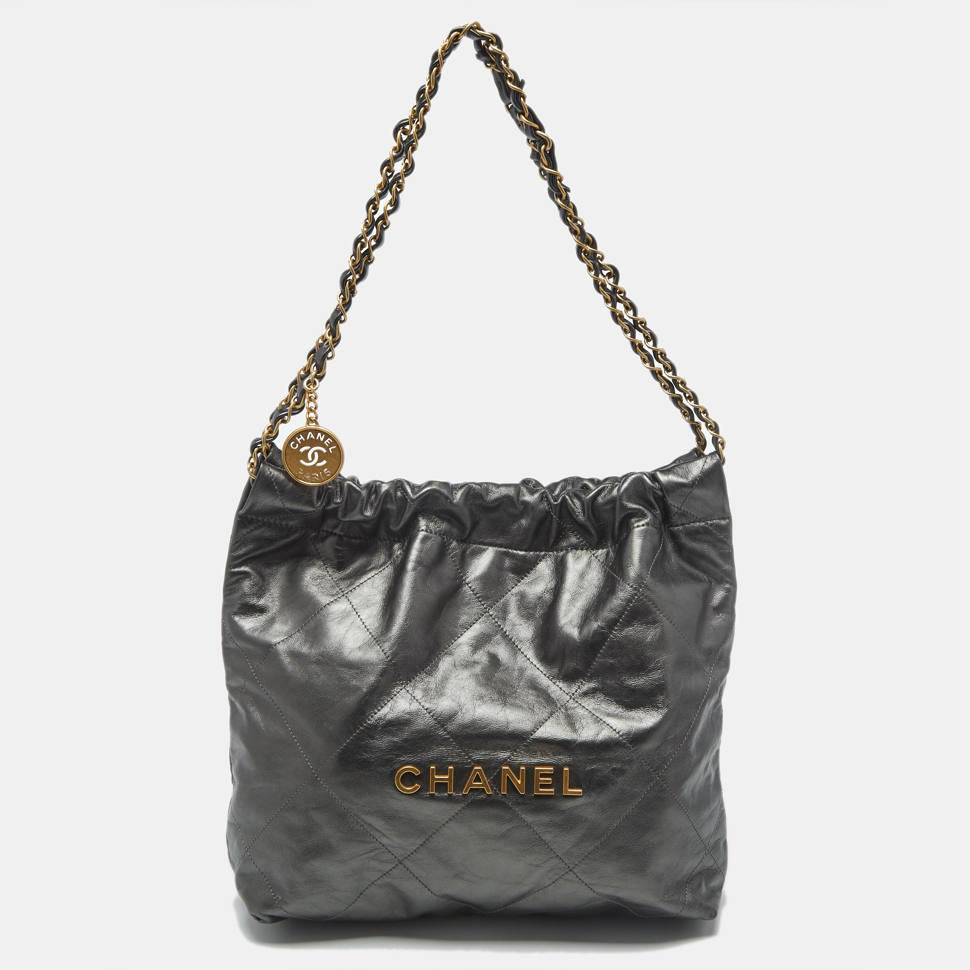 Chanel Metallic Grey Quilted Leather Small 22 Bag, Shoulder Bags - Luxury Closet catalog