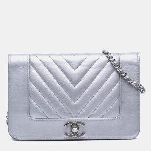 Chanel Silver Chevron Quilted Metallic Lambskin Mademoiselle Wallet On Chain, Shoulder Bags - Luxury Closet catalog