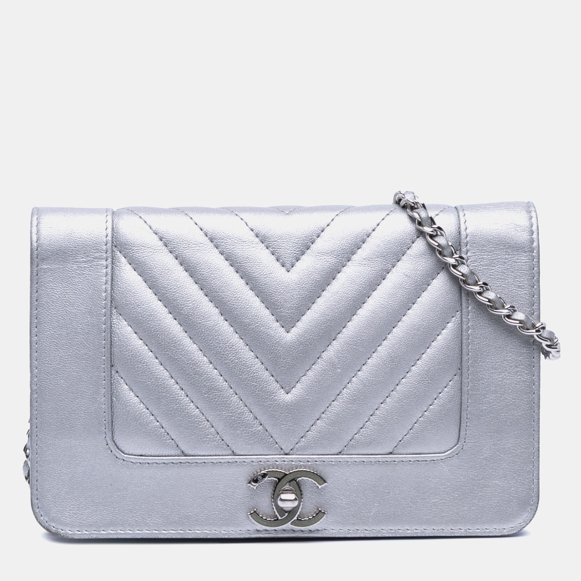 Chanel Silver Chevron Quilted Metallic Lambskin Mademoiselle Wallet On Chain, Shoulder Bags - Luxury Closet catalog