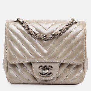 Chanel Brown Mini Square Classic Chevron Iridescent Lambskin Single Flap Bag, Shoulder Bags - Luxury Closet catalog