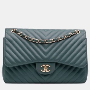 Chanel Green Jumbo Classic Chevron Lambskin Double Flap, Shoulder Bags - Luxury Closet catalog