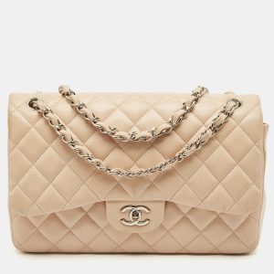 Chanel Light Beige Quilted Caviar Leather Jumbo Classic Double Flap Bag, Shoulder Bags - Luxury Closet catalog
