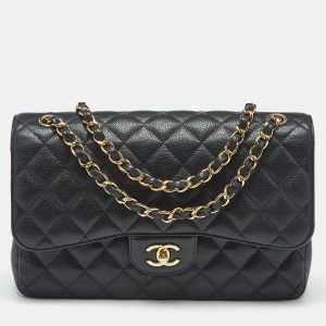Chanel Black Quilted Caviar Leather Jumbo Classic Double Flap Bag, Shoulder Bags - Luxury Closet catalog