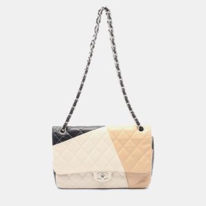 Chanel Classic Double Flap Black White Beige Lambskin Shoulder Bag, Handbags - Luxury Closet catalog