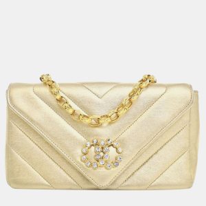 Chanel Gold Small Chevron Metallic Lambskin V Stitch Bijoux Flap, Shoulder Bags - Luxury Closet catalog