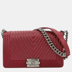 Chanel Boy Red Leather Chevron V-Stitch Chain Shoulder Bag, Handbags - Luxury Closet catalog