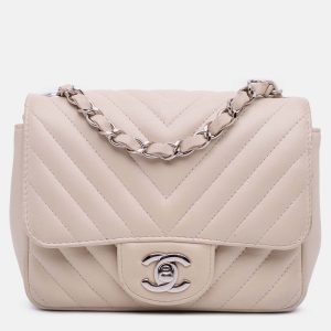 Chanel White Mini Square Classic Chevron Lambskin Single Flap, Shoulder Bags - Luxury Closet catalog