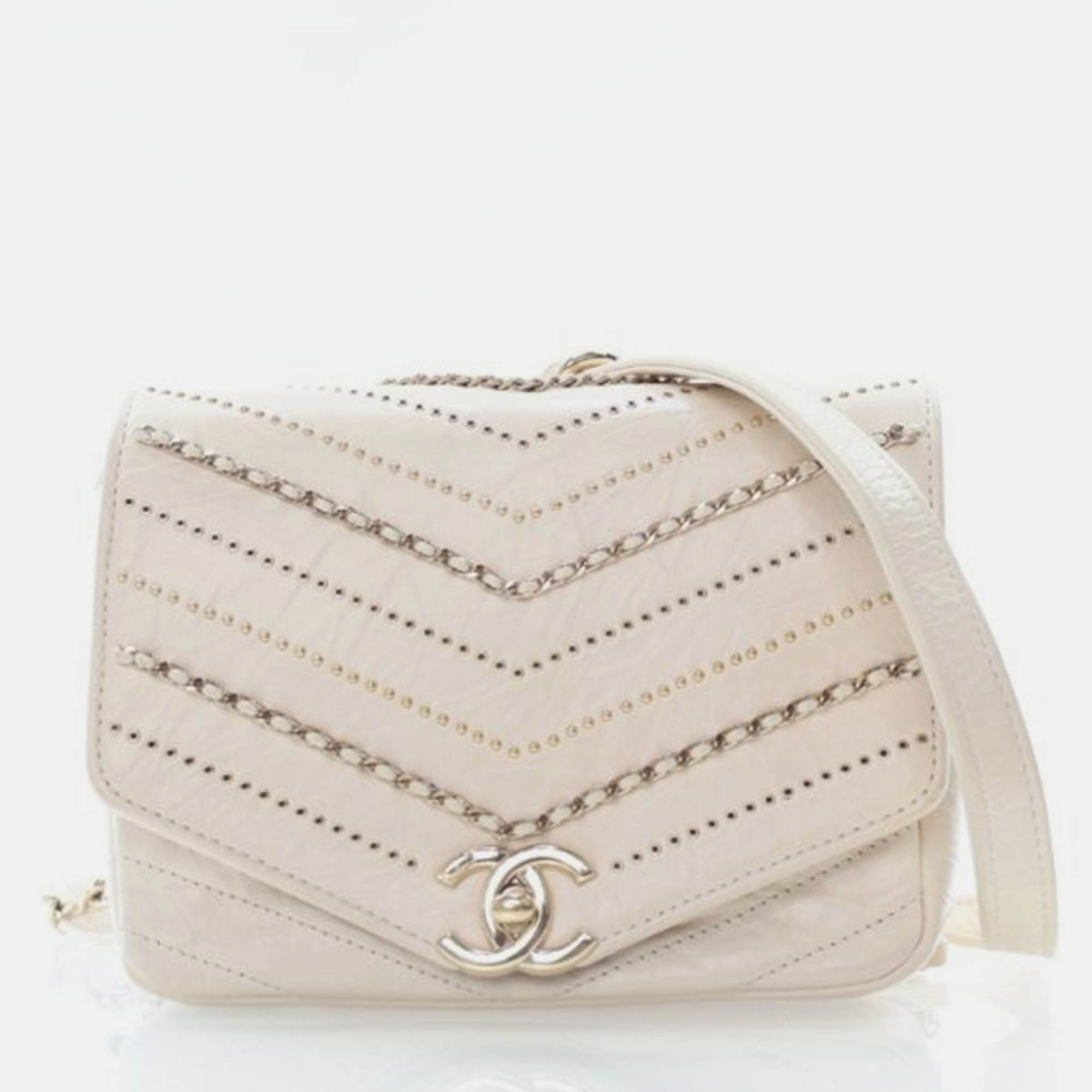 Chanel Chevron Flap Mini Cream Crinkled Calfskin Square Chain Shoulder Bag, Handbags - Luxury Closet catalog