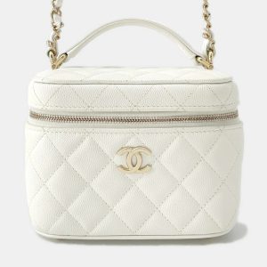 Chanel Matelasse Top Handle Small White Caviar Leather Chain Vanity Bag, Satchels - Luxury Closet catalog