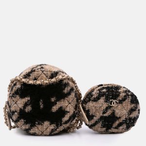 Chanel Brown CC Quilted Tweed and Shearling Round Clutch With Chain, Shoulder Bags - Luxury Closet catalog