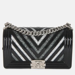 Chanel Black Patent Chevron Glitter PVC Old Medium Boy Bag, Handbags - Luxury Closet catalog