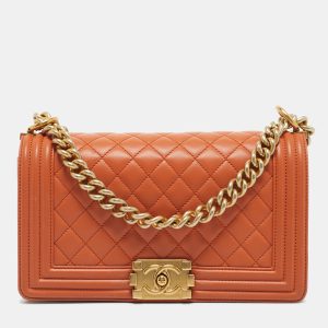 Chanel Orange Quilted Leather Medium Classic Boy Flap Bag, Shoulder Bags - Luxury Closet catalog