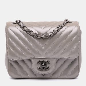 Chanel Brown Mini Square Classic Chevron Iridescent Calfskin Single Flap, Shoulder Bags - Luxury Closet catalog