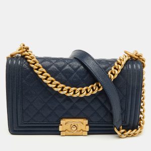 Chanel Navy Blue Quilted Caviar Leather Medium Boy Bag, Shoulder Bags - Luxury Closet catalog