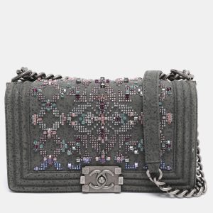 Chanel Grey Textured Suede Beads Embellishment Medium Boy Flap Bag, Shoulder Bags - Luxury Closet catalog