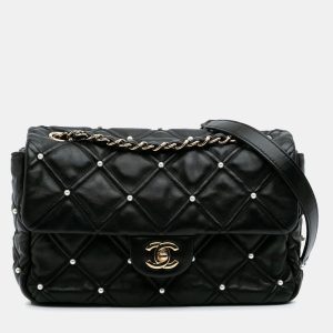Chanel Medium Pearl Studs Flap Black Quilted Lambskin Shoulder Bag, Handbags - Luxury Closet catalog