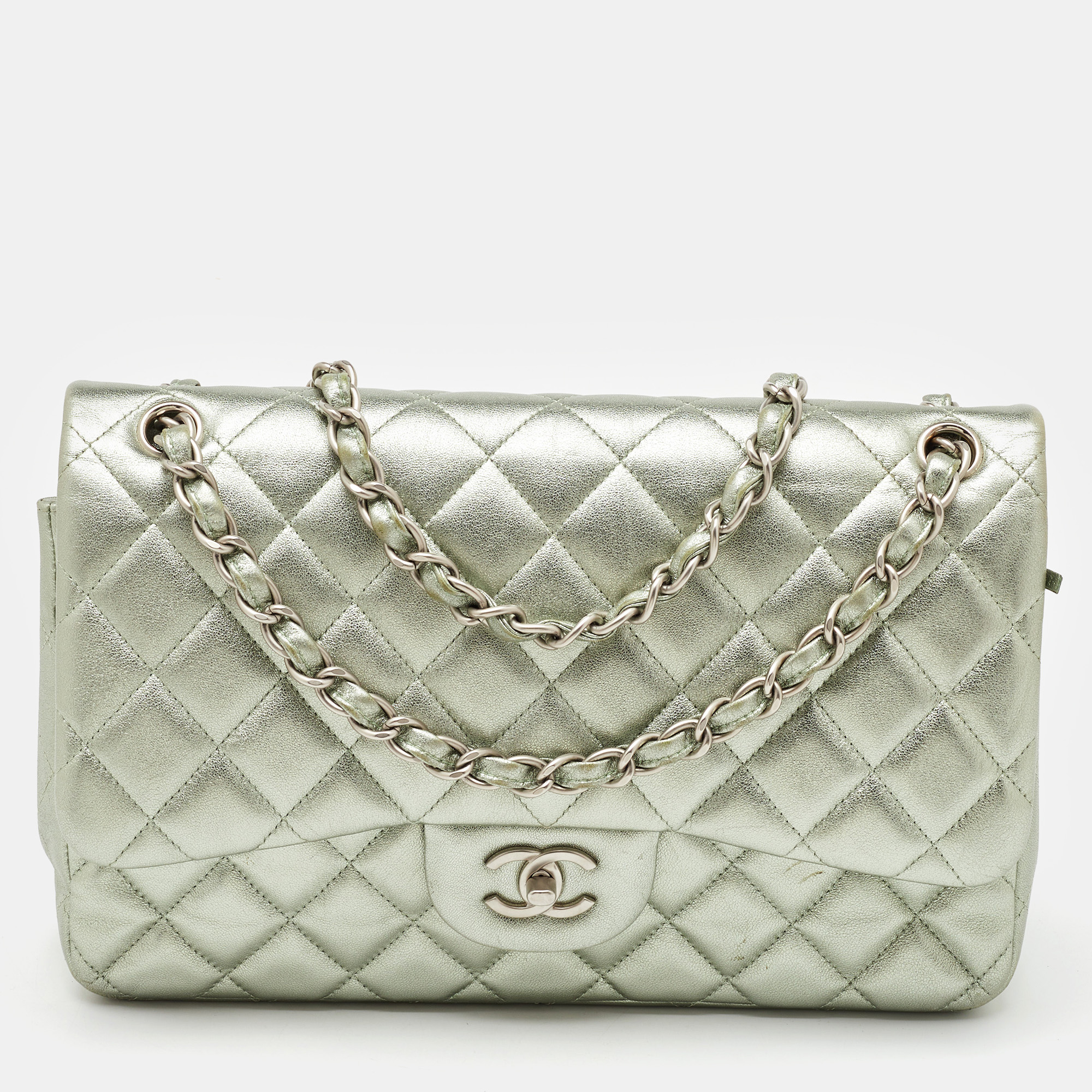 Chanel Metallic Mint Green Quilted Leather Jumbo Classic Double Flap Bag, Shoulder Bags - Luxury Closet catalog