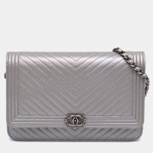 Chanel Silver Chevron Metallic Caviar Boy Wallet On Chain, Shoulder Bags - Luxury Closet catalog