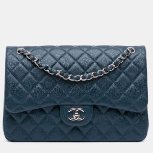 Chanel Blue Jumbo Classic Iridescent Caviar Double Flap, Shoulder Bags - Luxury Closet catalog