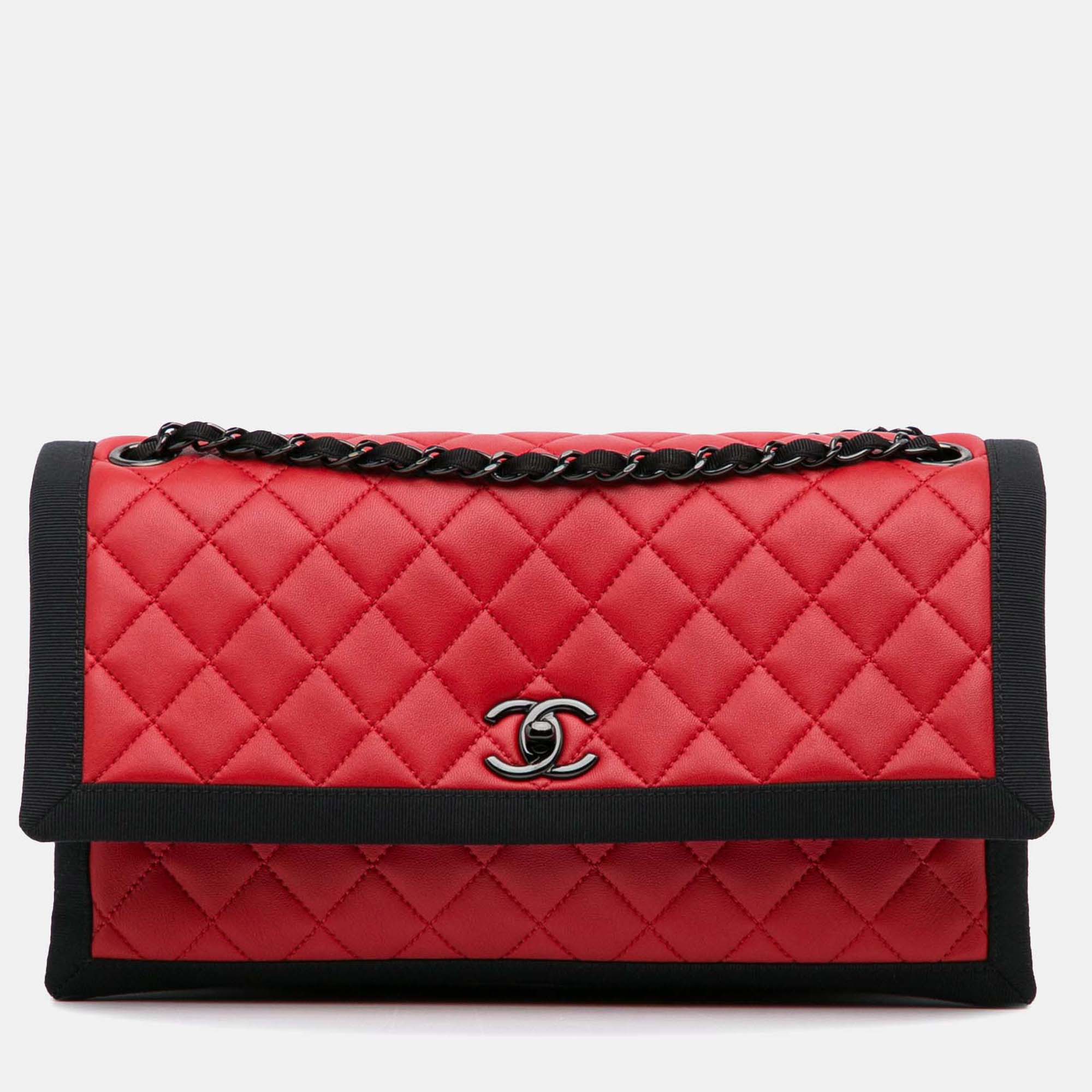 Chanel Quilted Two Tone Flap Red Lambskin and Grosgrain Leather Shoulder Bag, Handbags - Luxury Closet catalog