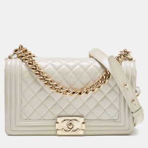 Chanel Pearl White Quilted Patent Leather Medium Boy Flap Bag, Shoulder Bags - Luxury Closet catalog