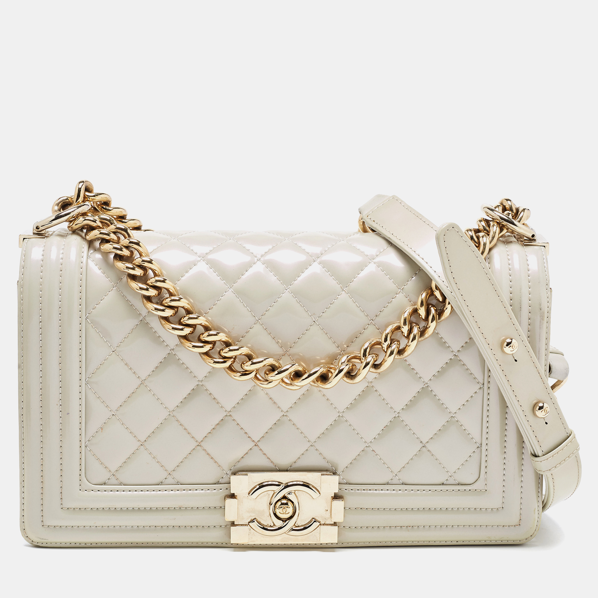 Chanel Pearl White Quilted Patent Leather Medium Boy Flap Bag, Shoulder Bags - Luxury Closet catalog